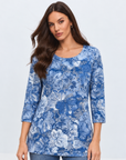 Blue Floral Print Knit Jersey Top Corfu Jeans