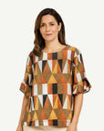 Geo Glam Soft Print Ruffle Blouse Corfu Jeans
