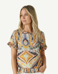 Harmonious Hues Soft Print Ruffle Blouse Corfu Jeans