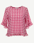 Lipstick Pink Gingham Check Ruffle Blouse Corfu Jeans