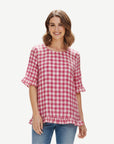 Lipstick Pink Gingham Check Ruffle Blouse Corfu Jeans