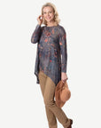 Charcoal Flower Printed Stretch Long Sleeve Knit Top Corfu Jeans
