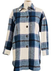 W2467664 TEAL CREAM BRUSHED CHECK LONG SHIRT JACKET Corfu Jeans