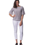 Salt & Pepper Crinkle Peplum Sleeve Top Corfu Easy Living