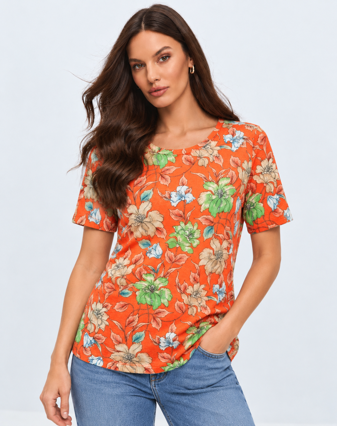 Tangerine Floral Printed Knit Top Corfu Jeans
