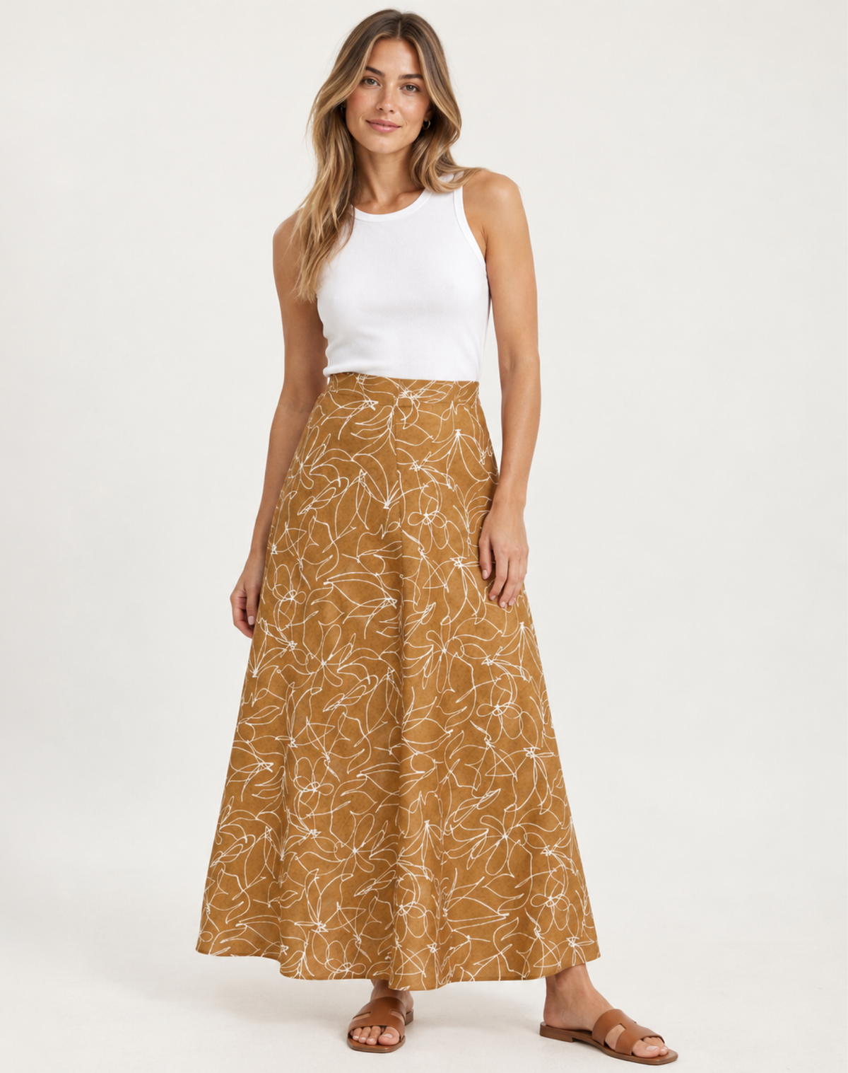 Mocha Mousse Linen Printed Skirt Corfu Jeans