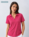 Geranium Pink & White 100% Cotton Fine Stripe Polo Top Corfu Jeans