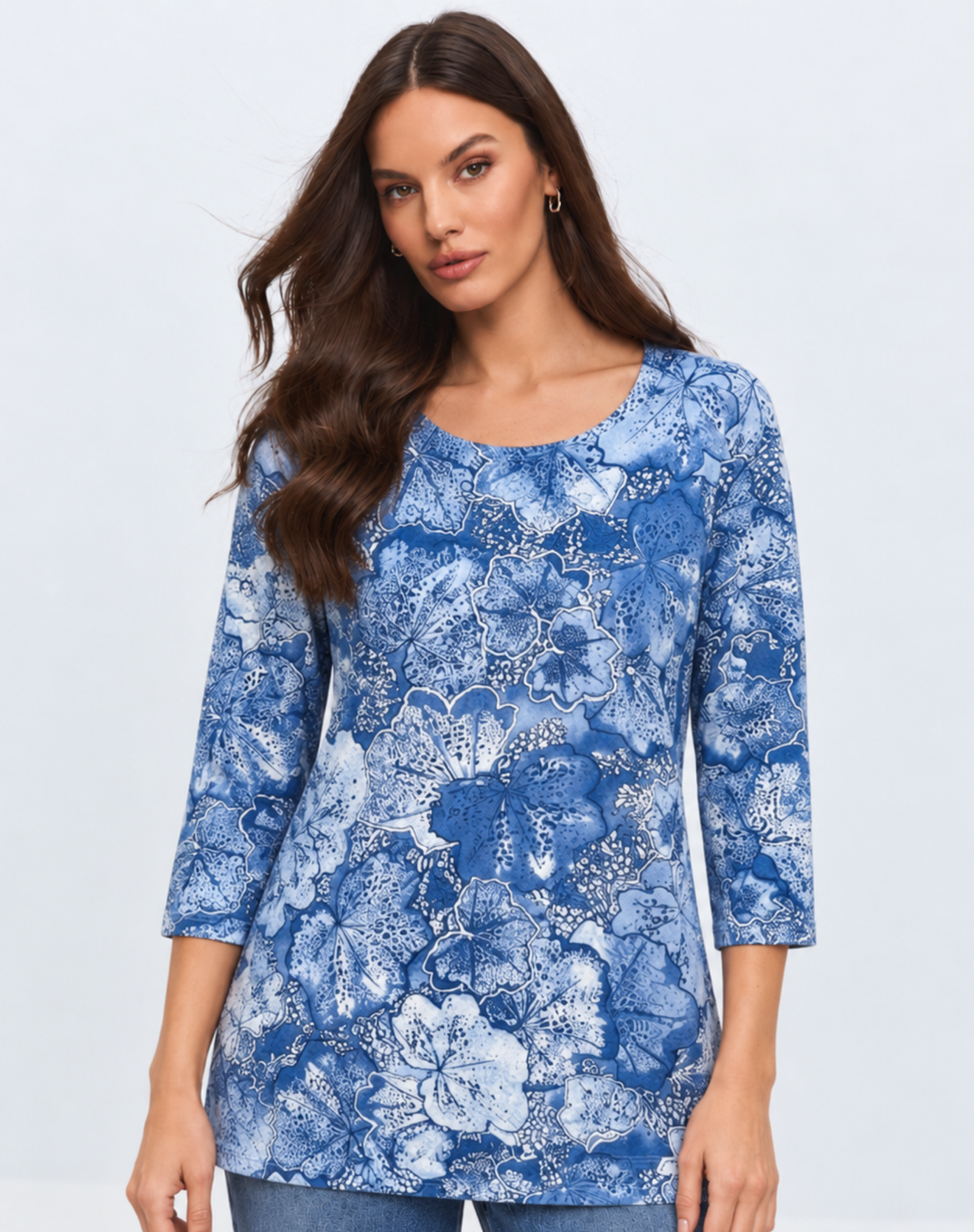 Blue Floral Print Knit Jersey Top Corfu Jeans