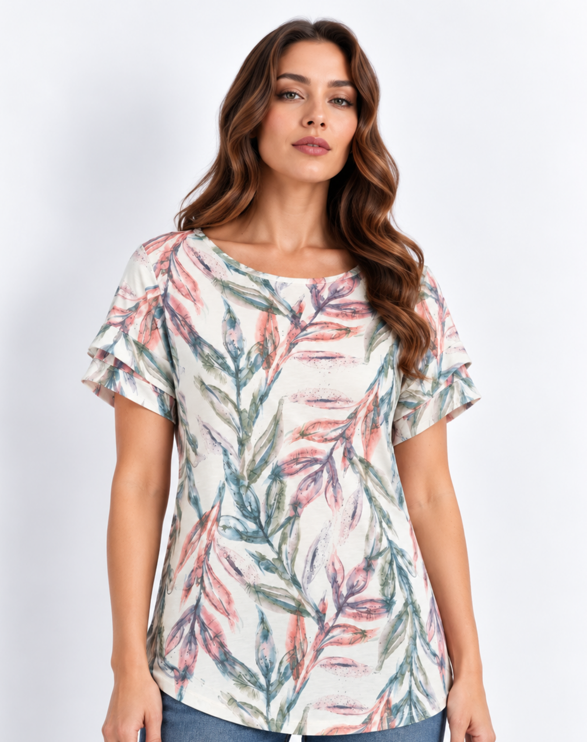 Breeze Leaf Burnout Jersey Print Top Corfu Jeans