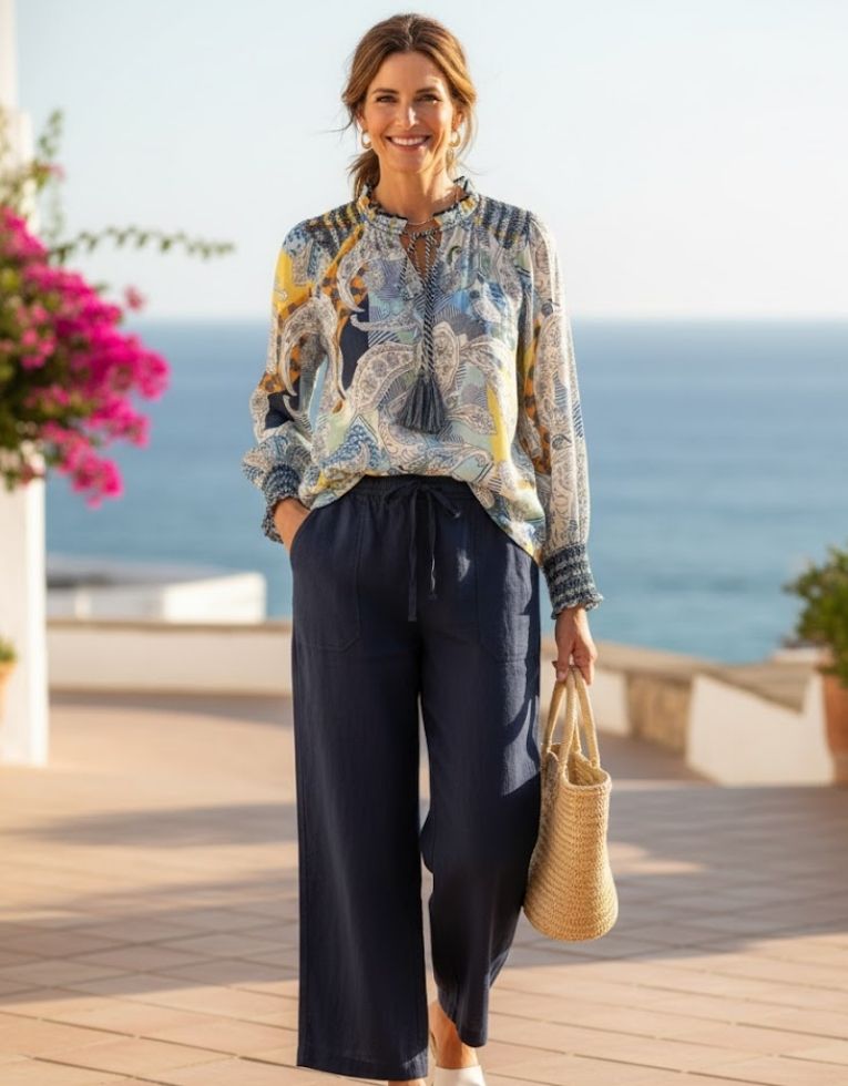 Blue Hues Soft Print Blouse Corfu Jeans