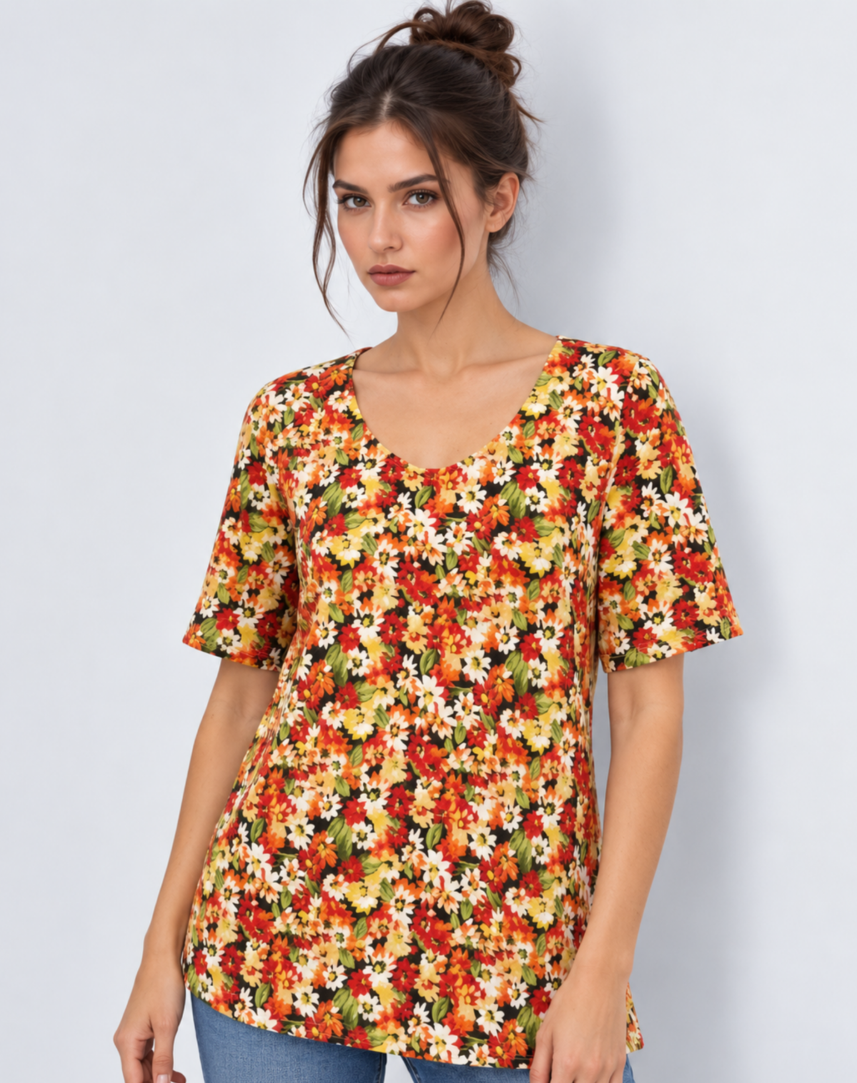 Rust Floral Print Knit Jersey Top Corfu Jeans