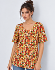 Rust Floral Print Knit Jersey Top Corfu Jeans