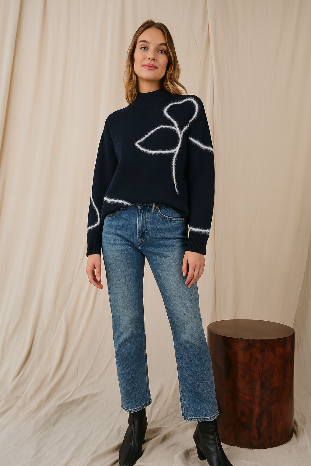 W2249202 Abstract Navy Floral Knit Corfu Jeans