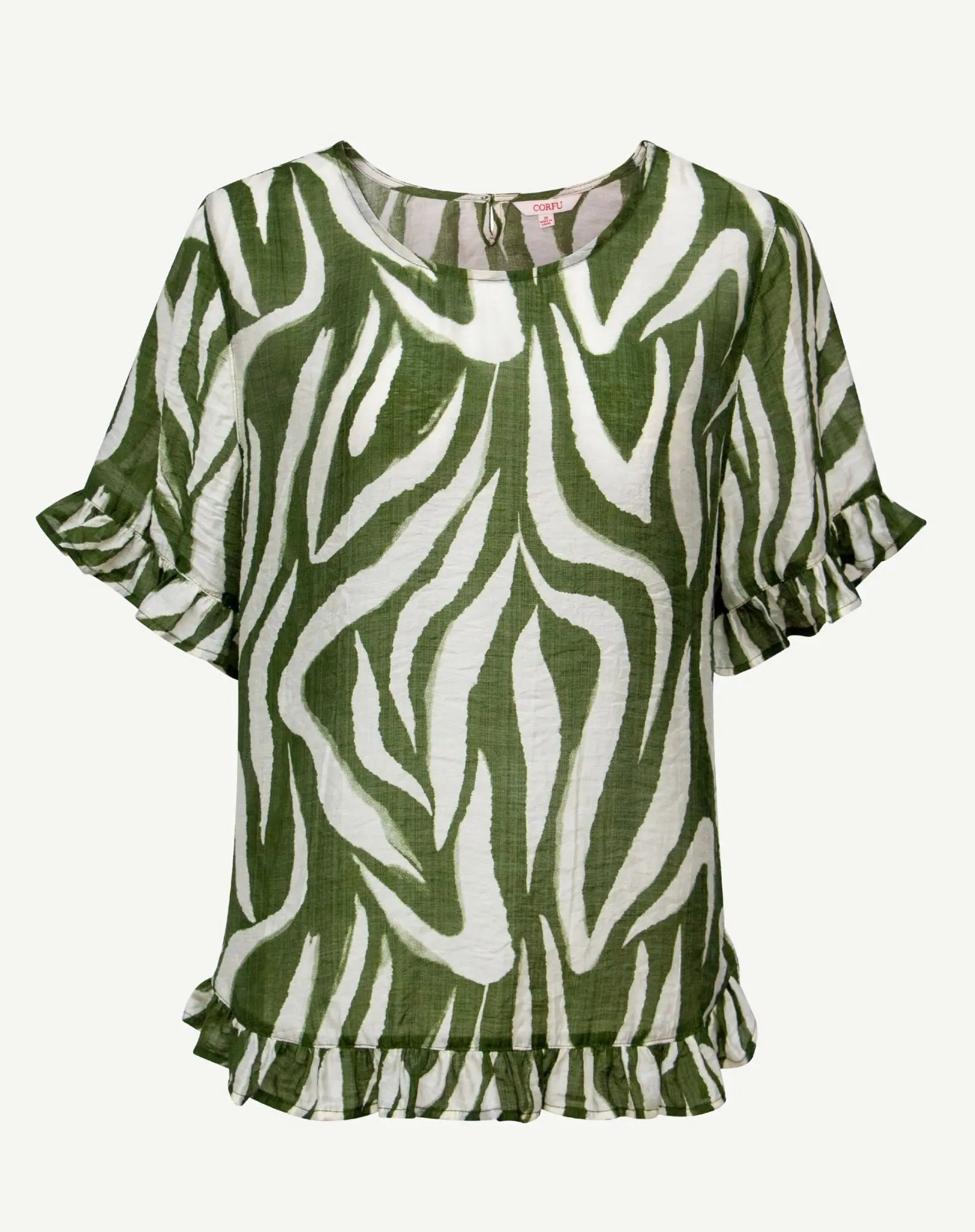 Aloe Soft Print Ruffle Blouse Corfu Jeans