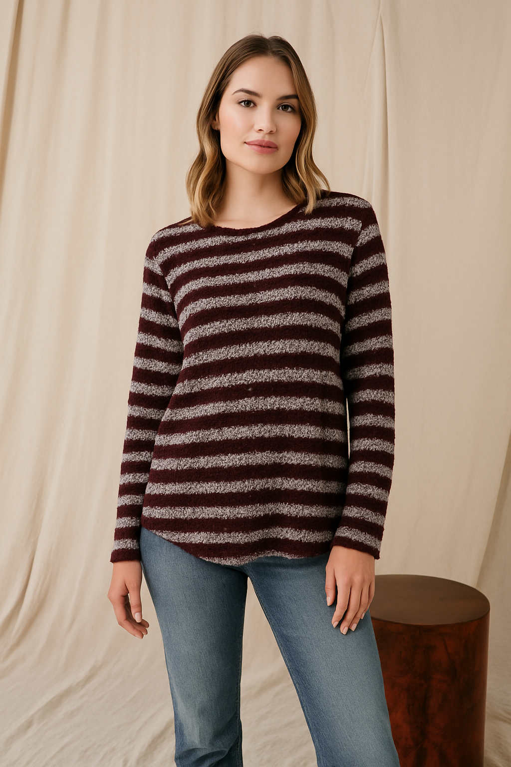 W2048541 Burgundy Stripe Poodle Knit Jumper (Bittersweet) Corfu Jeans