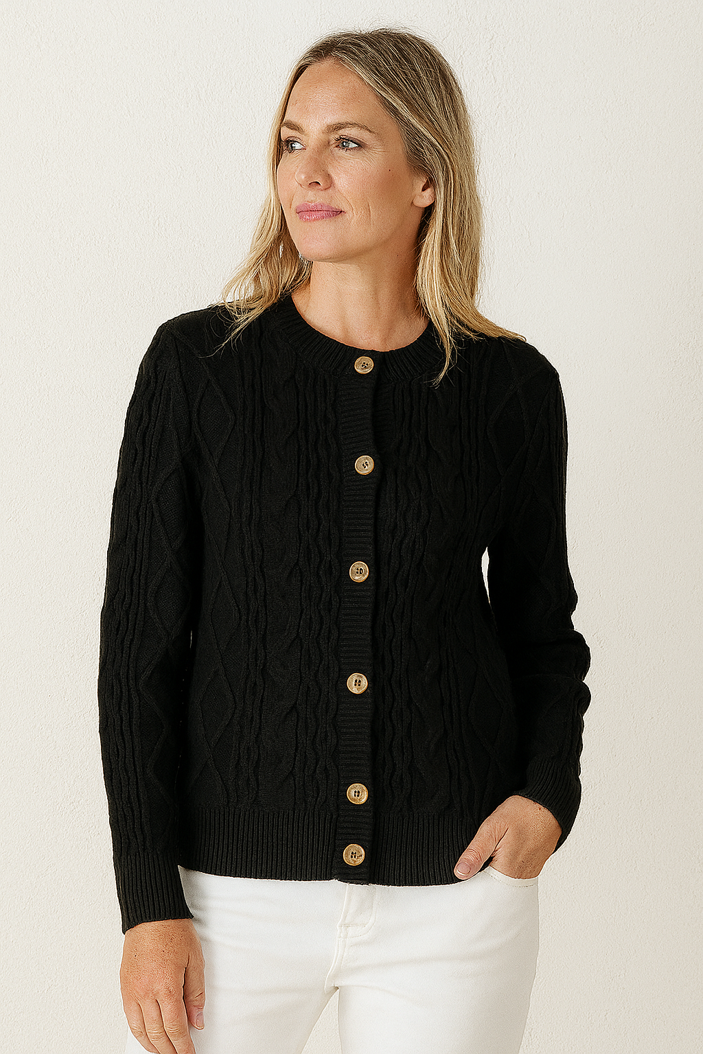W2249213 Black Cable Knit Cardigan Corfu Jeans