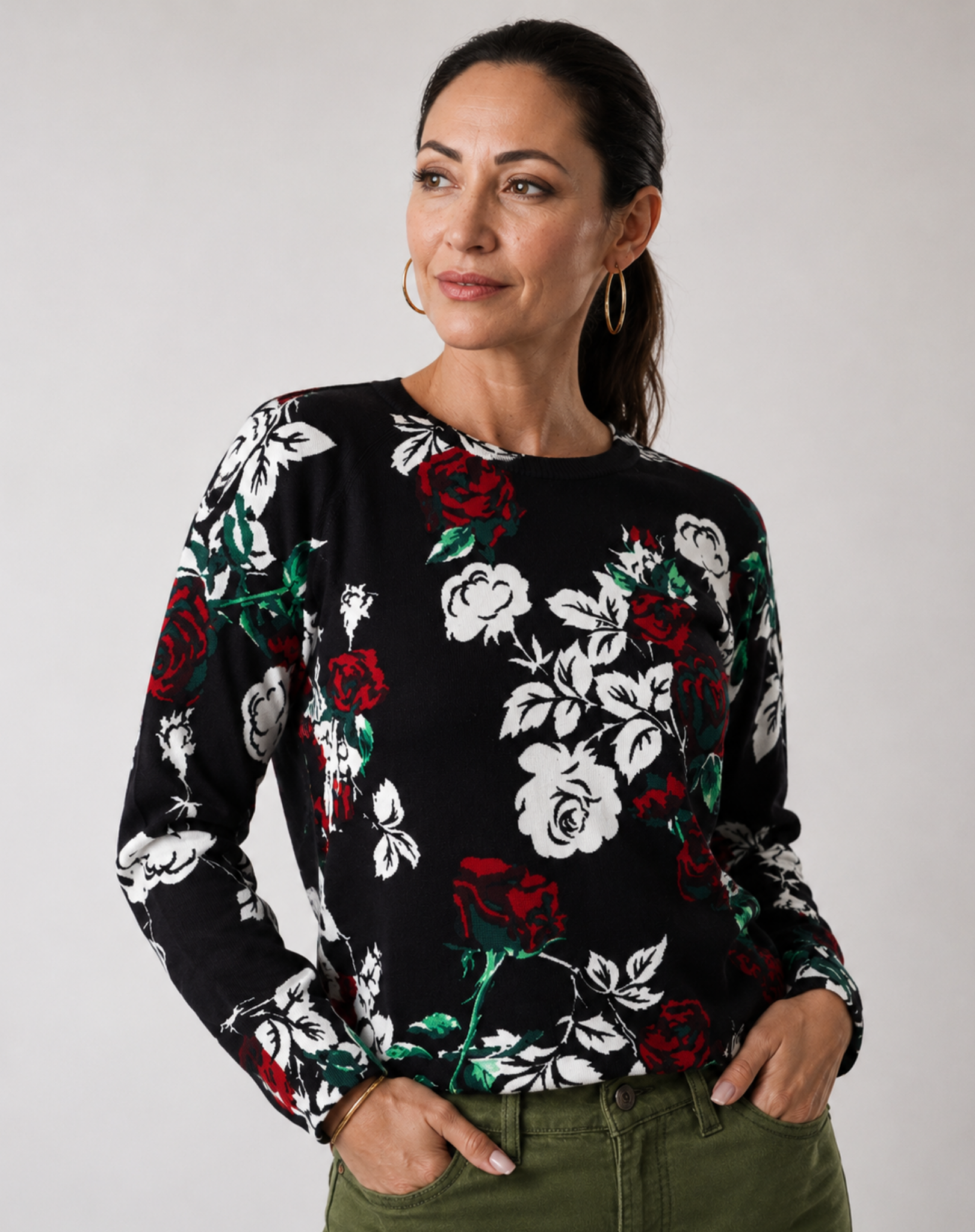Black Rose Viscose Jersey Long Sleeve Knit Top Corfu Jeans