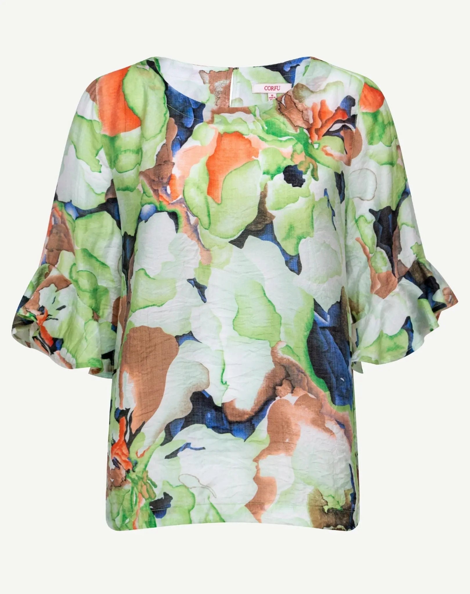 Coral Ink Soft Print Ruffle Blouse Corfu Jeans