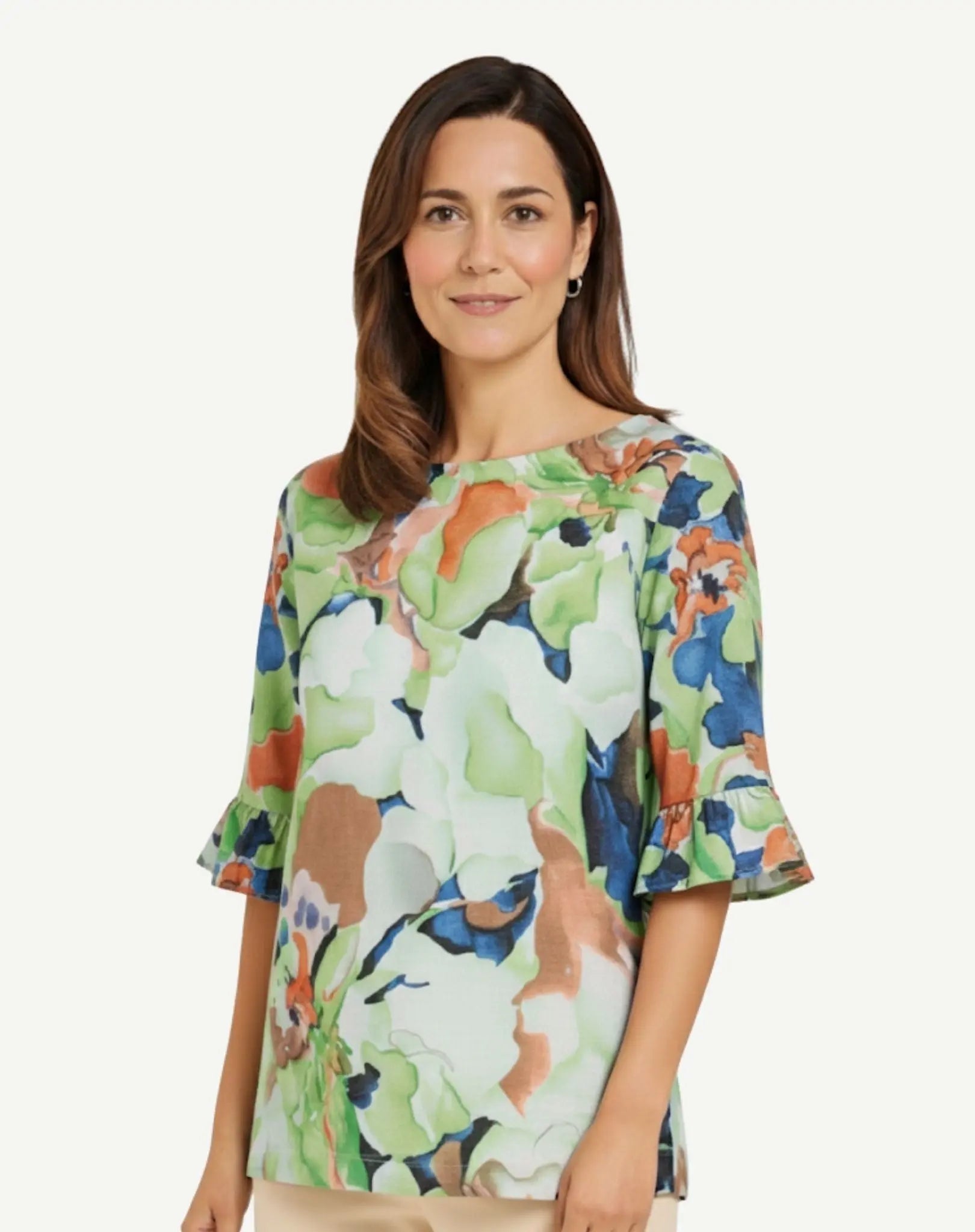 Coral Ink Soft Print Ruffle Blouse Corfu Jeans