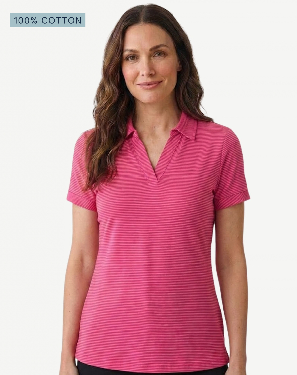 Geranium Pink &amp; White 100% Cotton Fine Stripe Polo Top Corfu Jeans