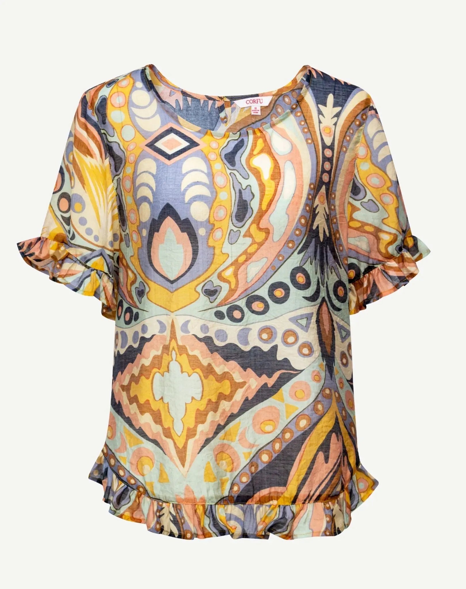 Harmonious Hues Soft Print Ruffle Blouse Corfu Jeans