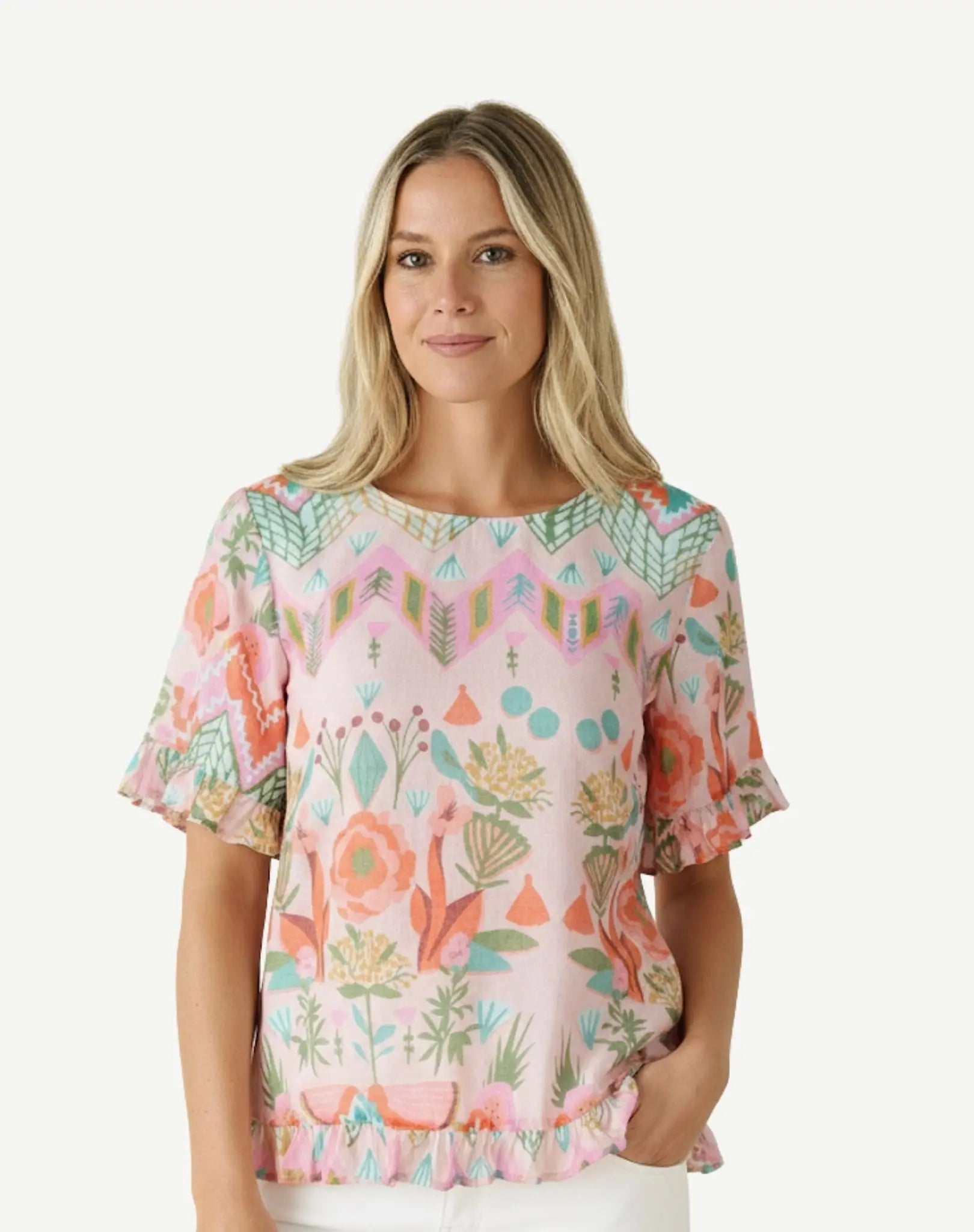 Hola Soft Print Ruffle Blouse Corfu Jeans