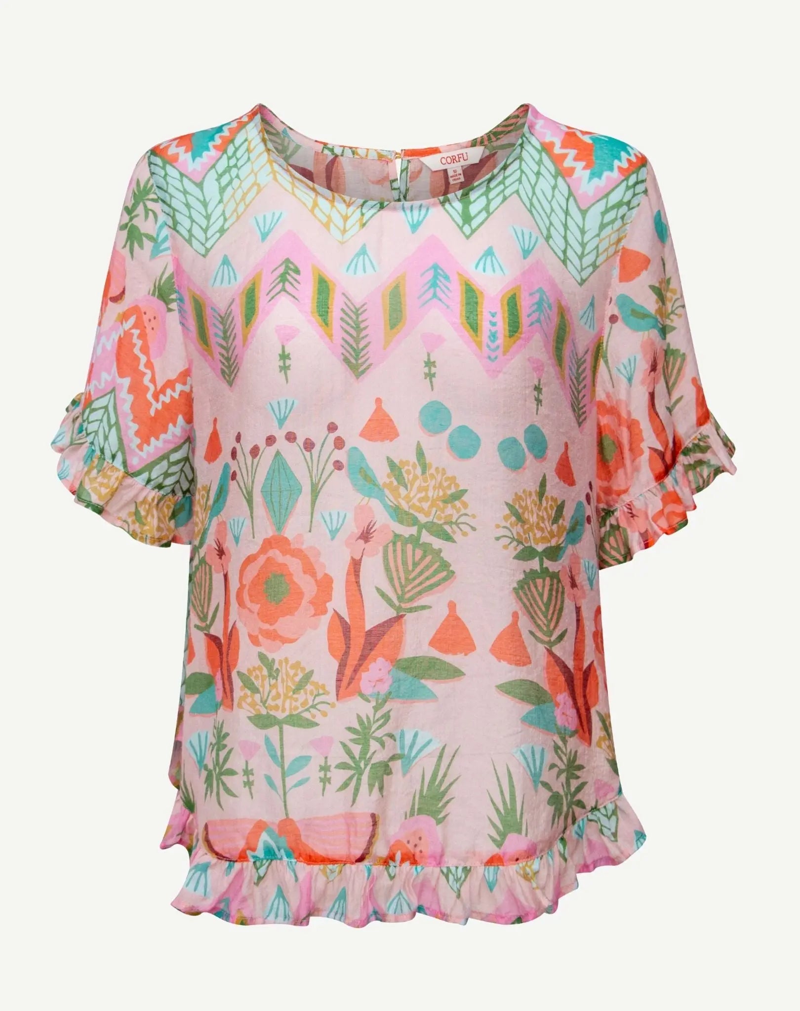 Hola Soft Print Ruffle Blouse Corfu Jeans