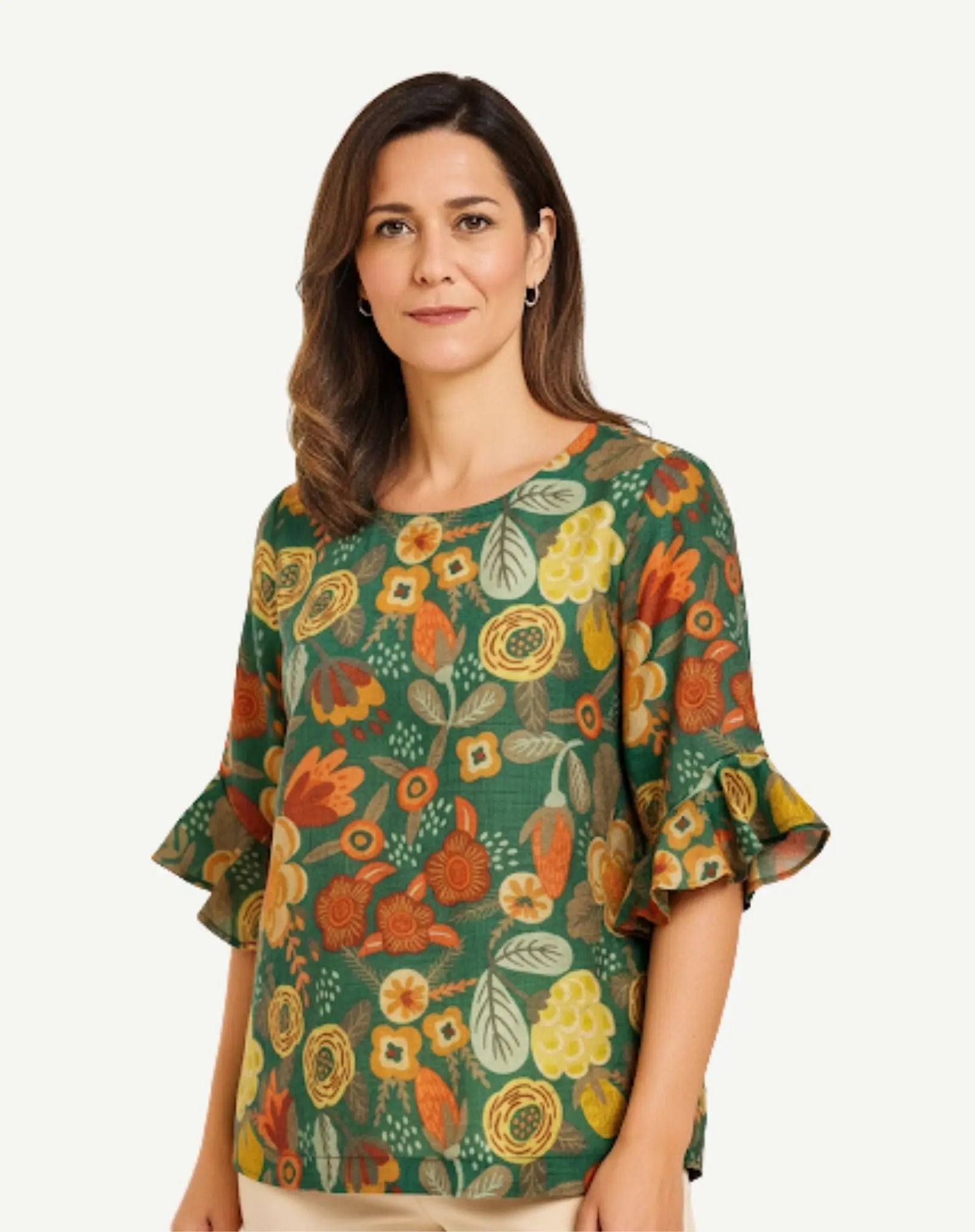Modern Blooms Soft Print Ruffle Blouse Corfu Jeans