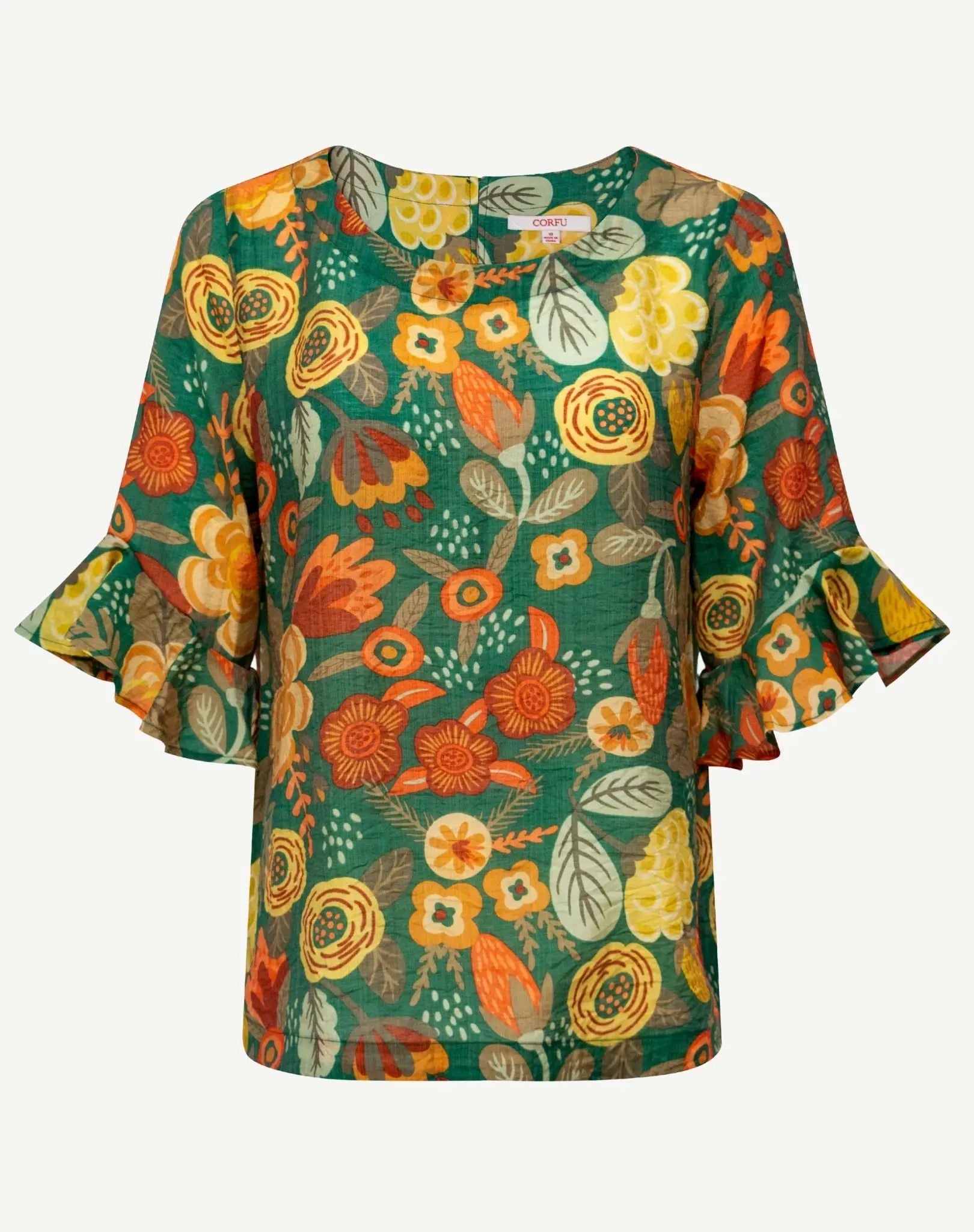 Modern Blooms Soft Print Ruffle Blouse Corfu Jeans