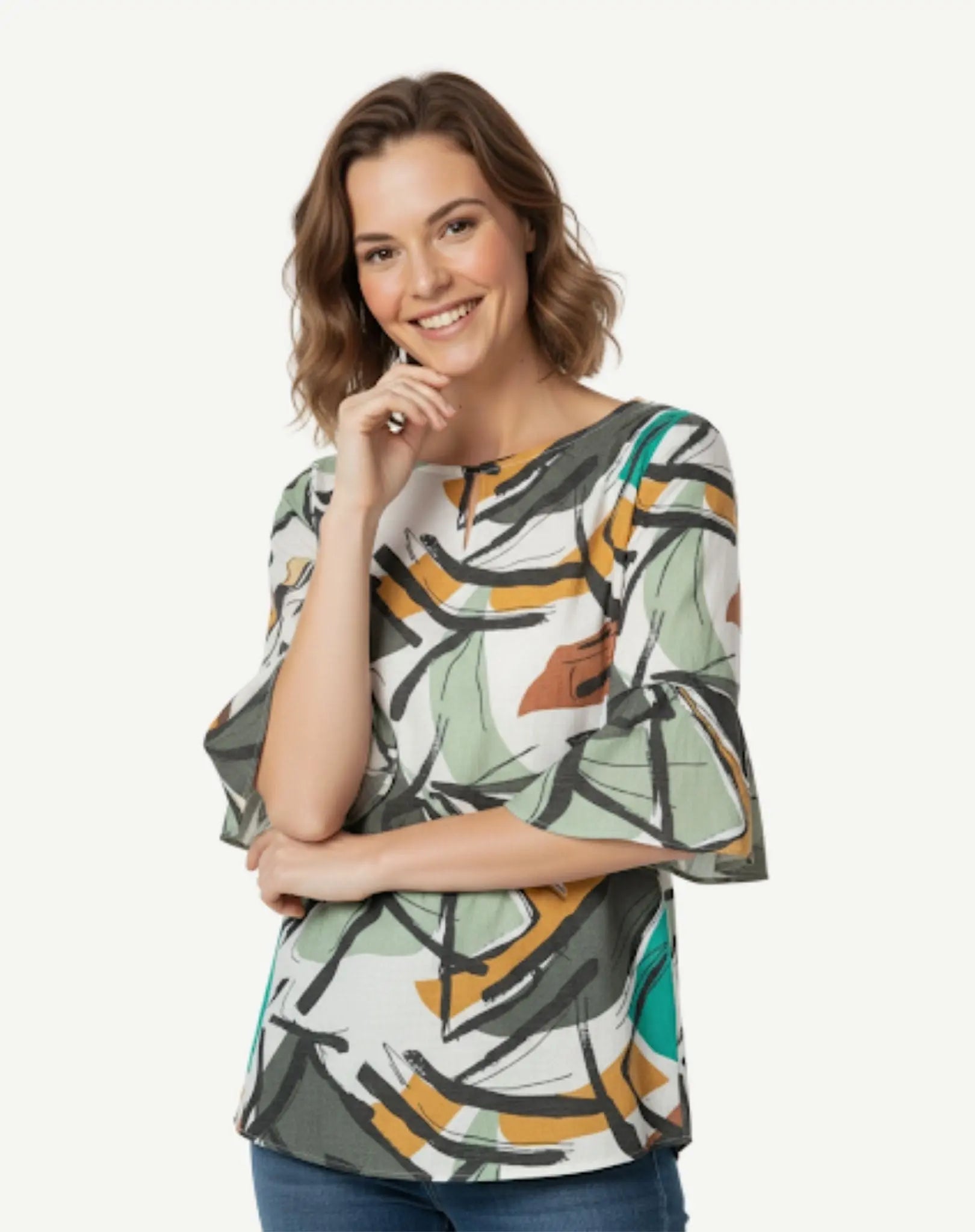 Neutral Abstract Soft Print Blouse Corfu Jeans