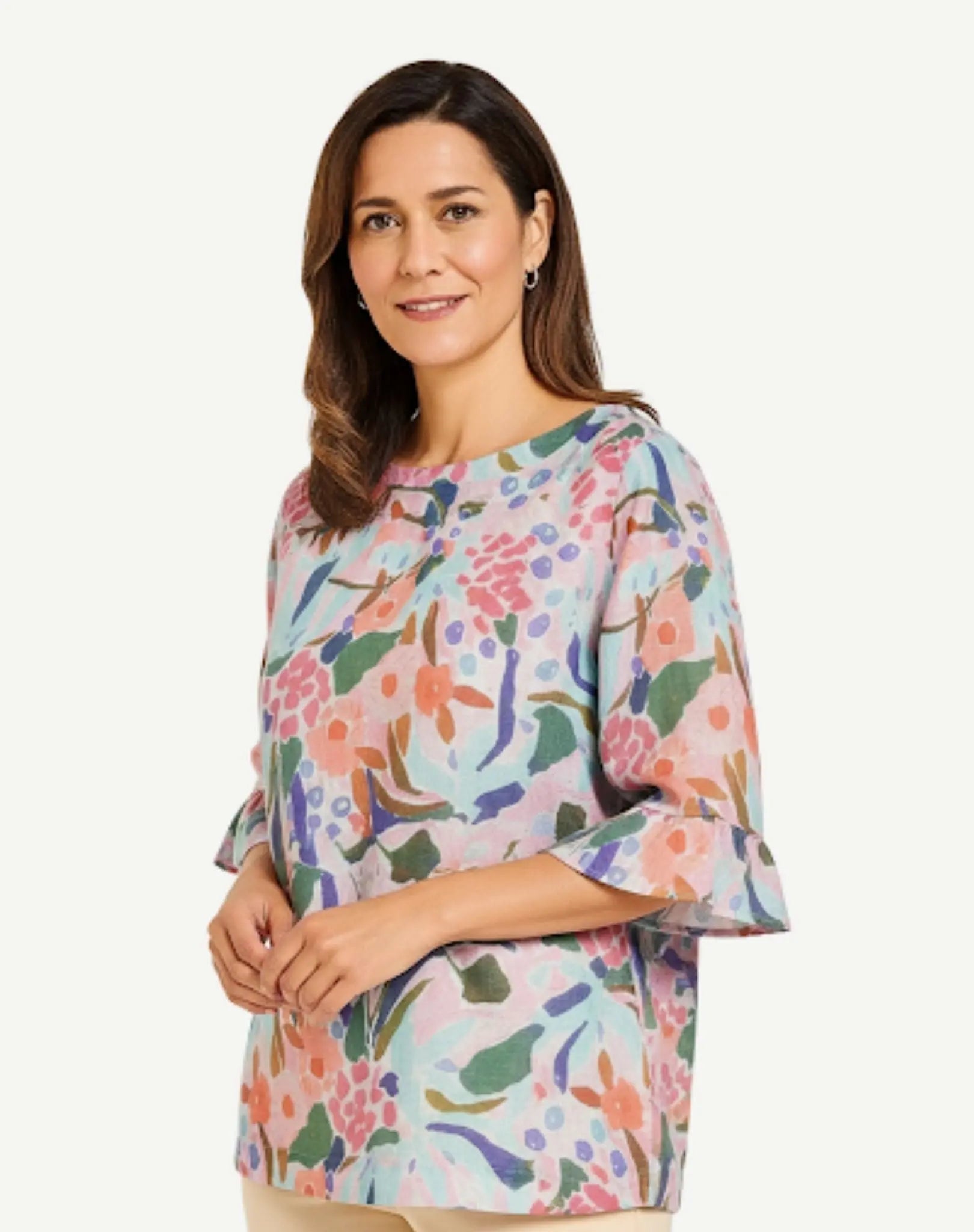 Petal Dance Soft Print Ruffle Blouse Corfu Jeans