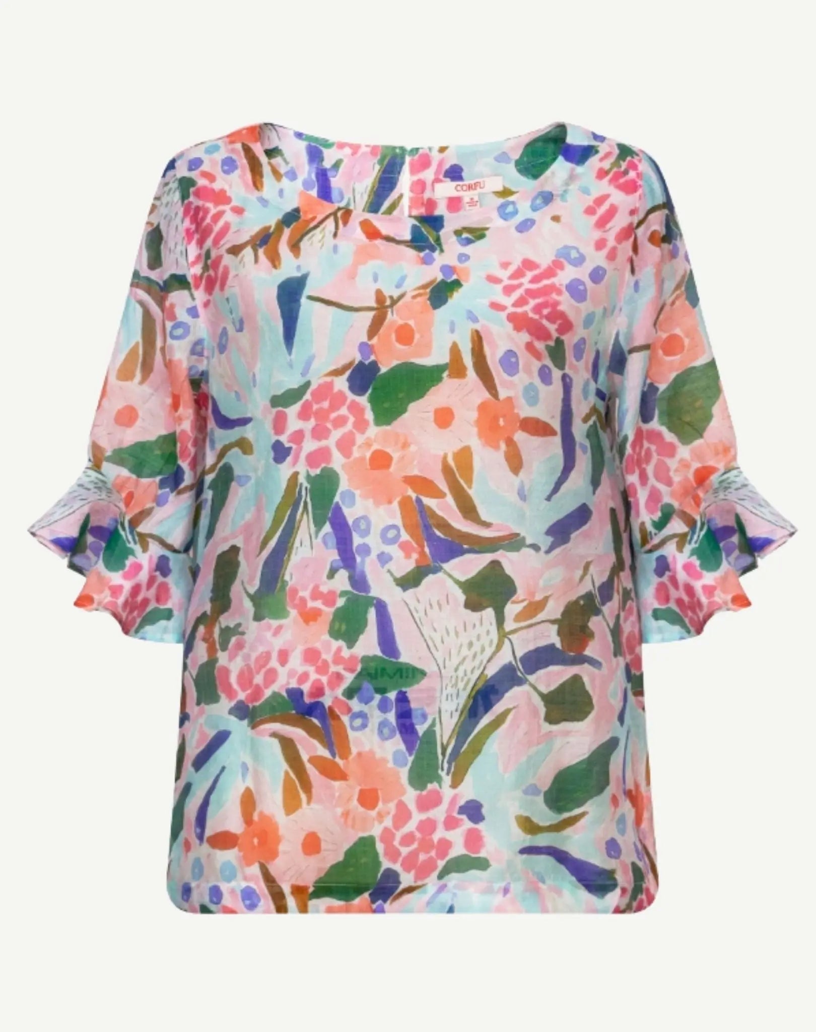 Petal Dance Soft Print Ruffle Blouse Corfu Jeans