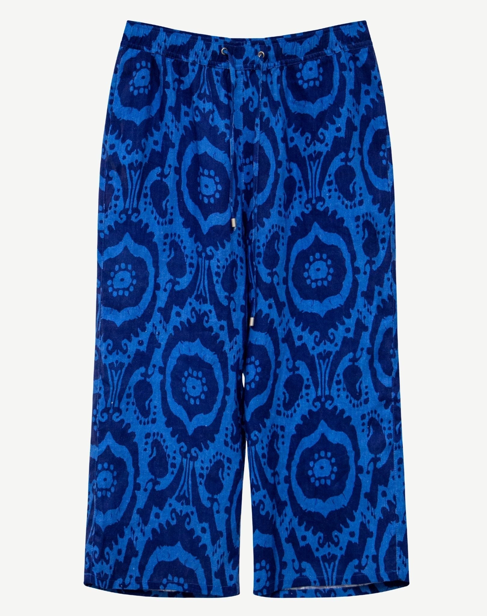Ikat Blue Linen Printed Drawstring Pants Corfu Jeans