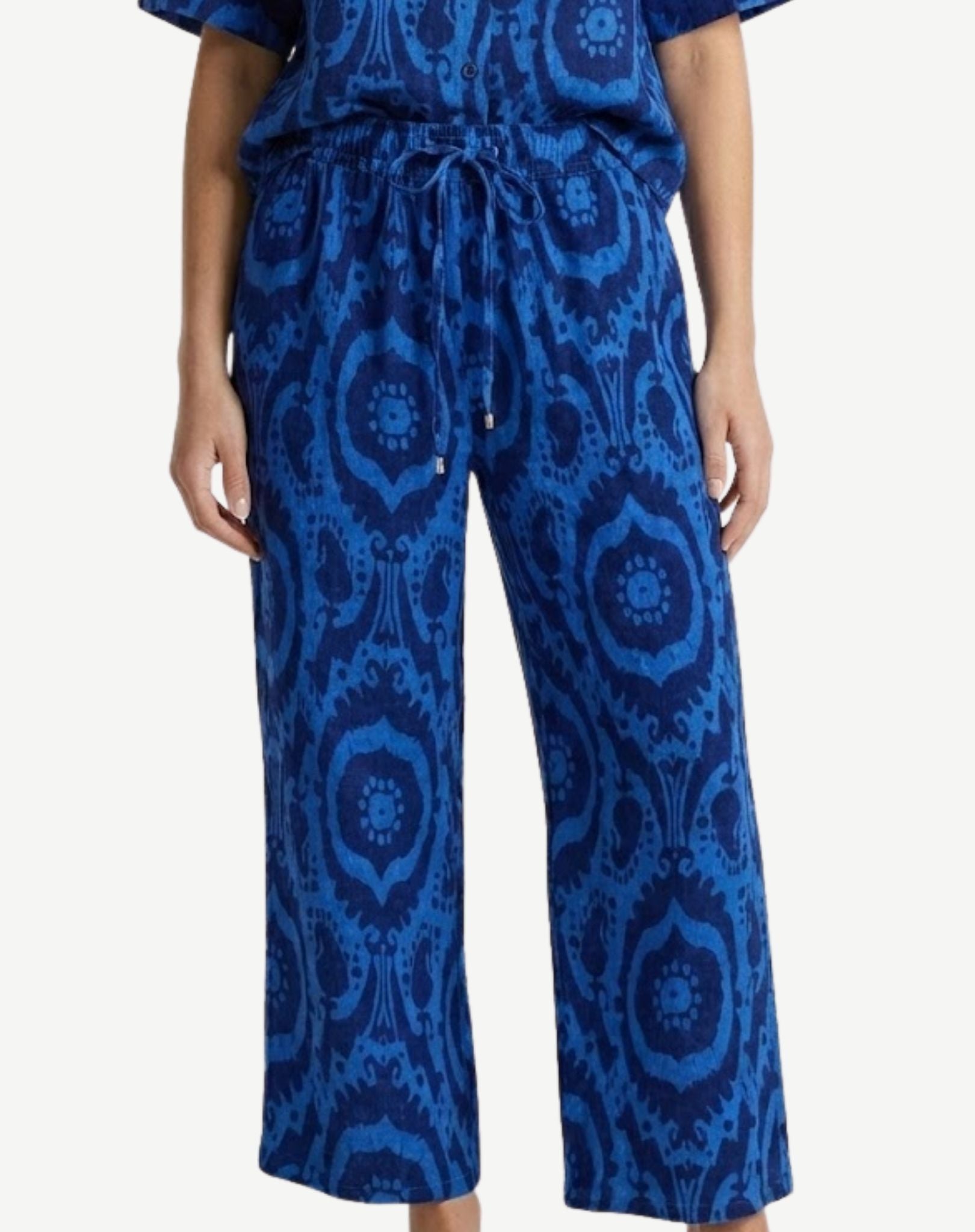 Ikat Blue Linen Printed Drawstring Pants Corfu Jeans