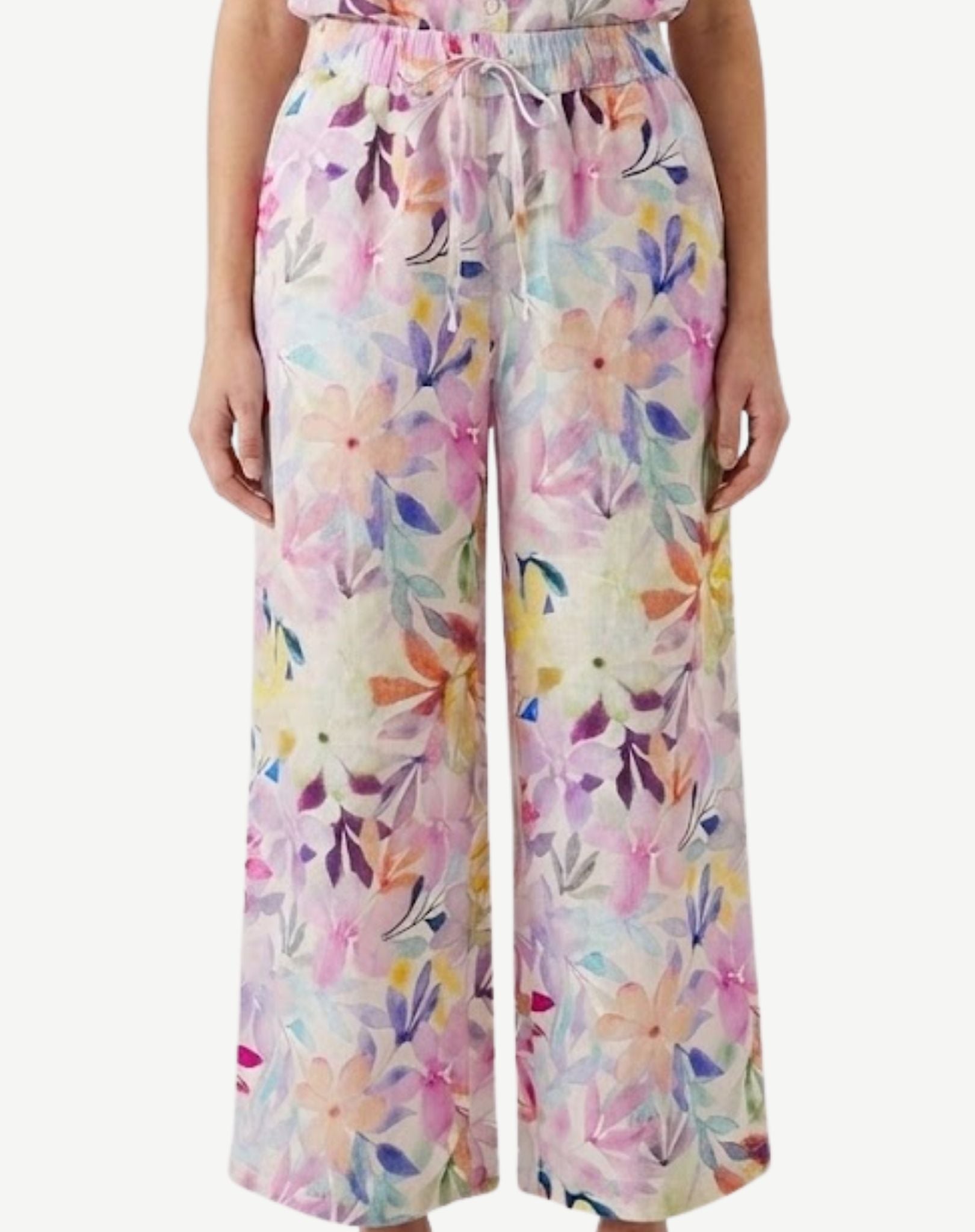 Delicate Blossom Printed Linen Drawstring Pants Corfu Jeans