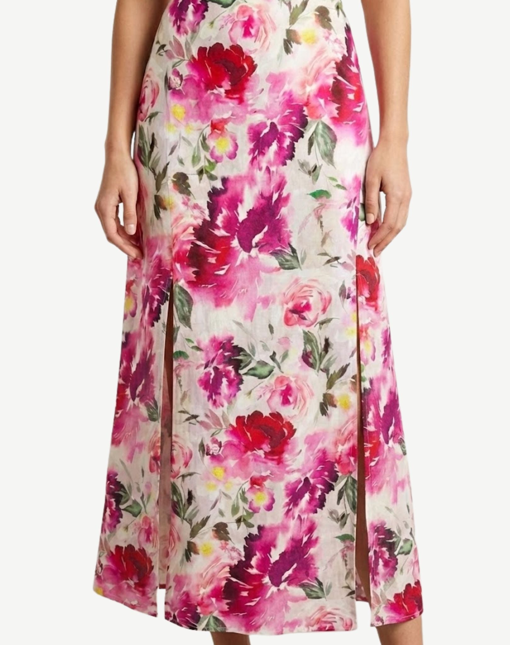 Peony Fragrance Ramie Rayon Printed Skirt with Side Slits Corfu Jeans