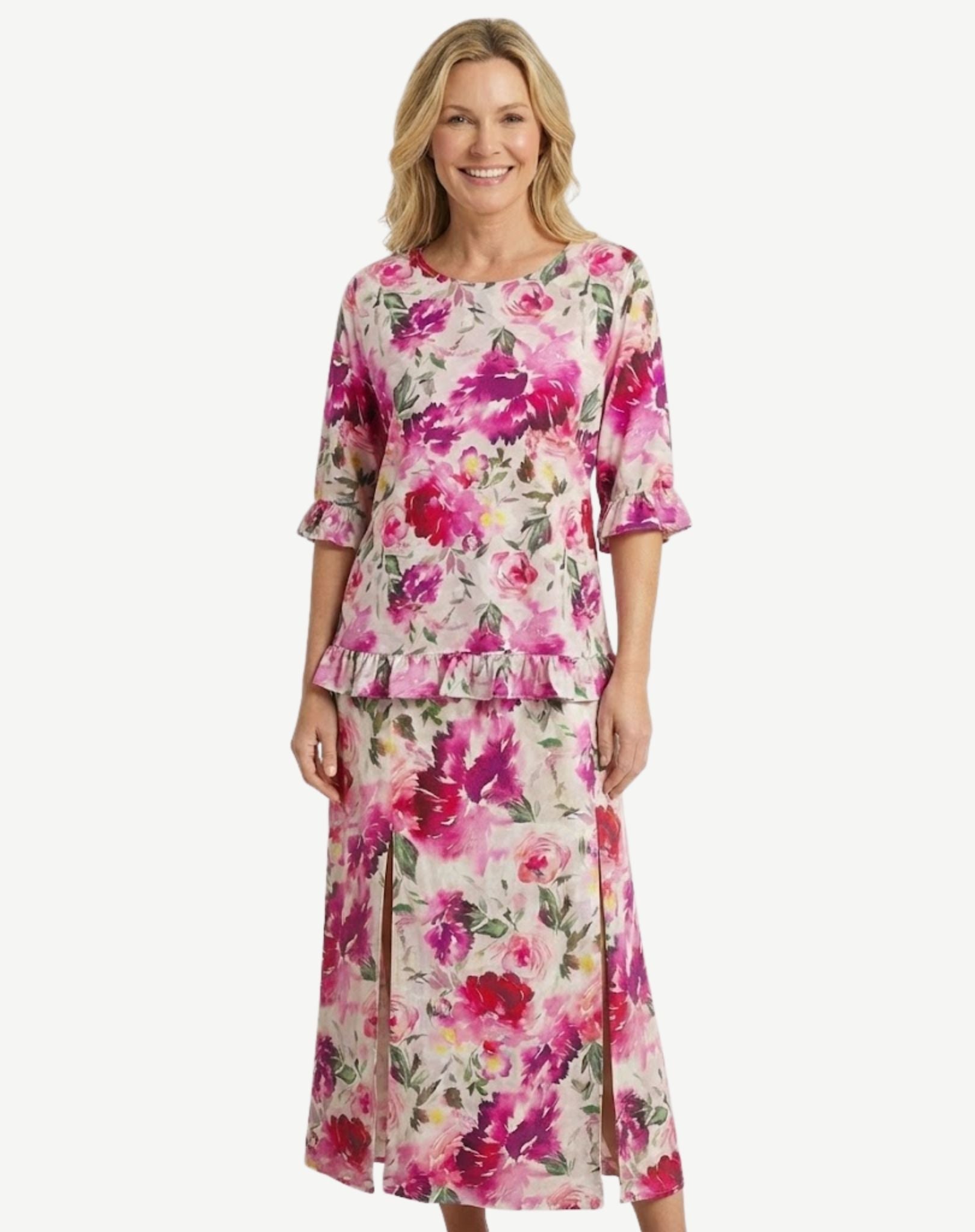 Peony Fragrance Ramie Rayon Printed Skirt with Side Slits Corfu Jeans