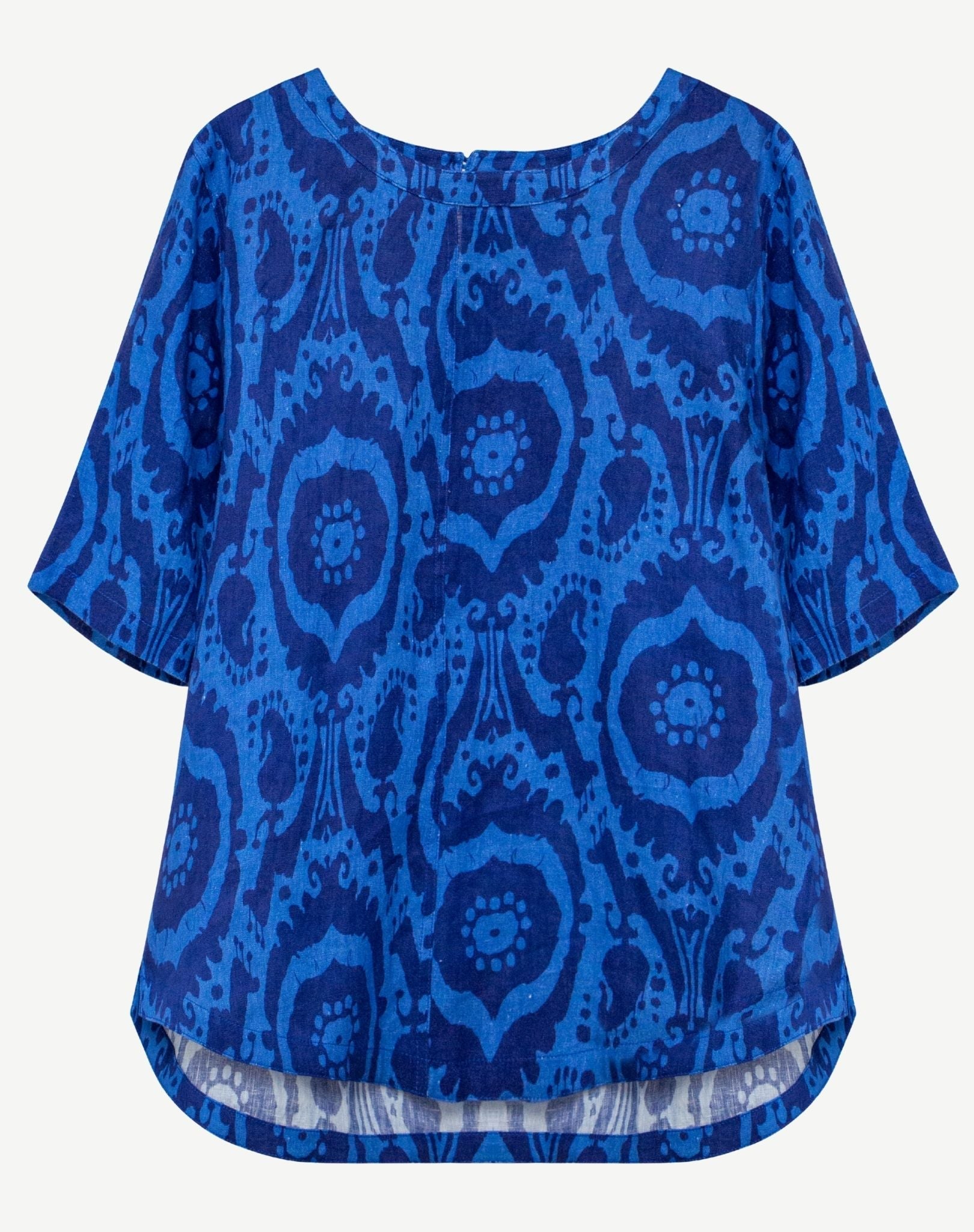 Ikat Blue Printed Linen Short Sleeve Top Corfu Jeans