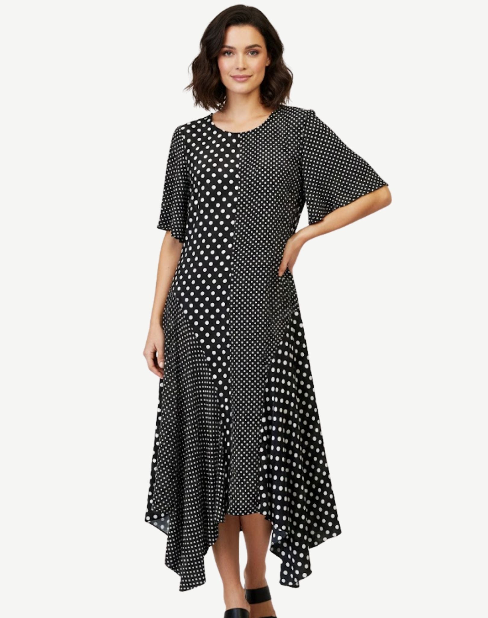 Black White Polka Dot Asymmetric Satin Dress Corfu Jeans