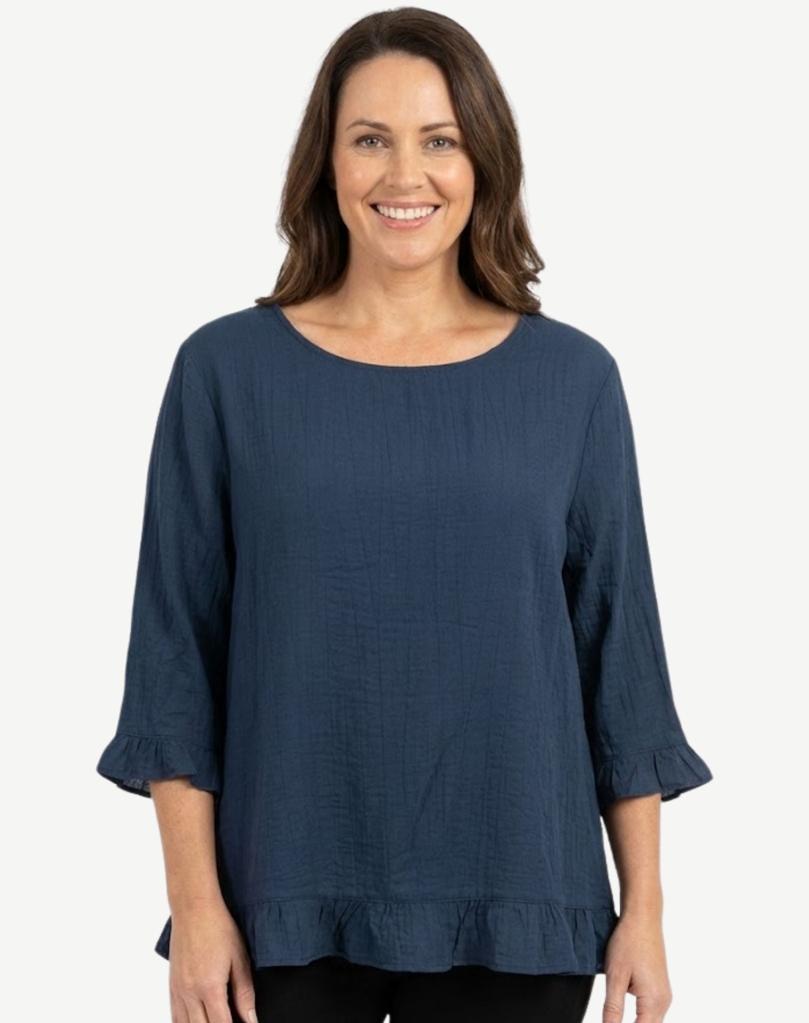 Navy Plain Ruffle Sleeve Blouse Corfu Jeans