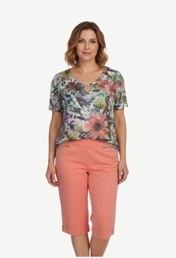 Joyful Garden Cotton Rich Burnout Jersey Top Corfu Jeans