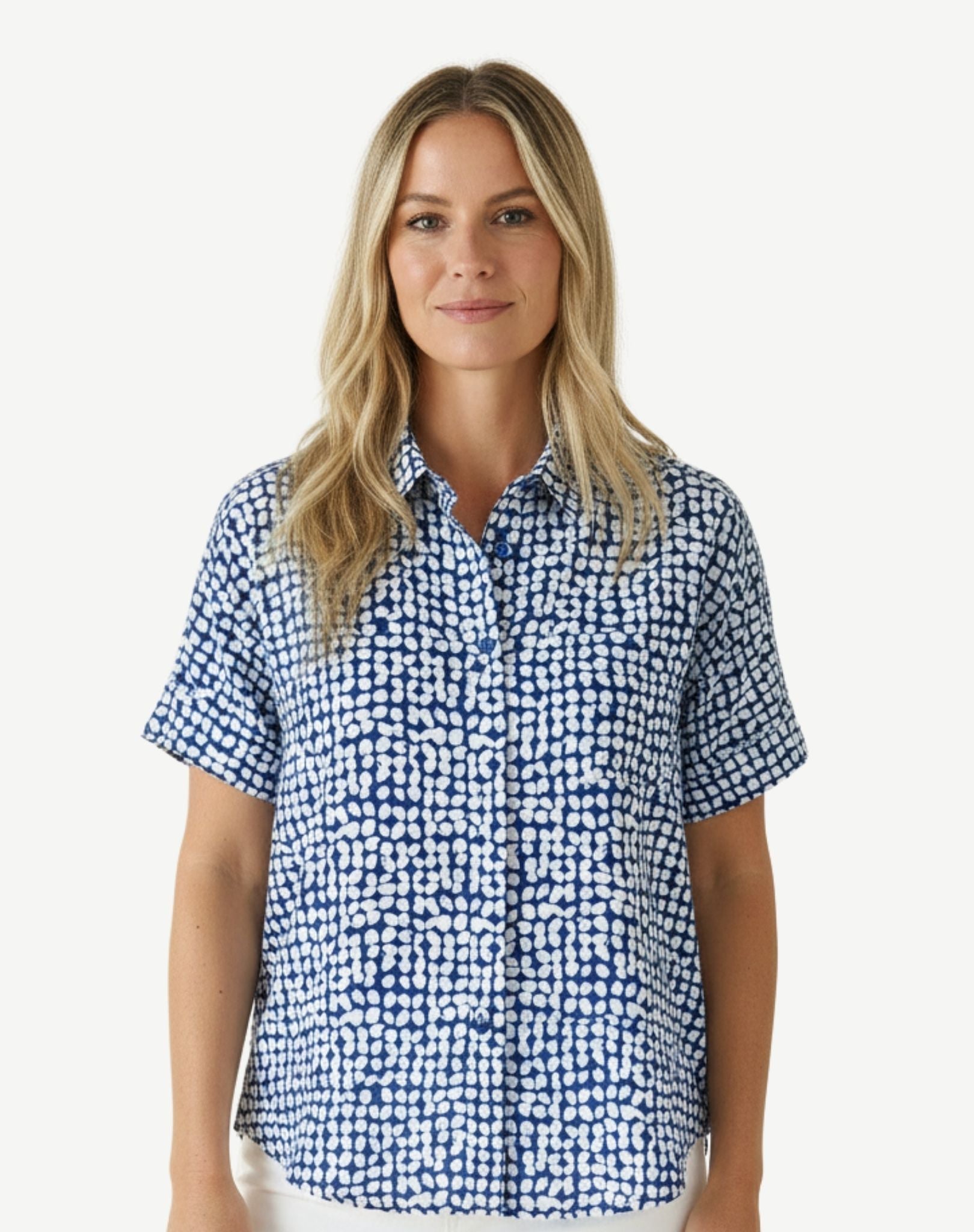Navy Cotton Print Short Sleeve Shirt Corfu Jeans