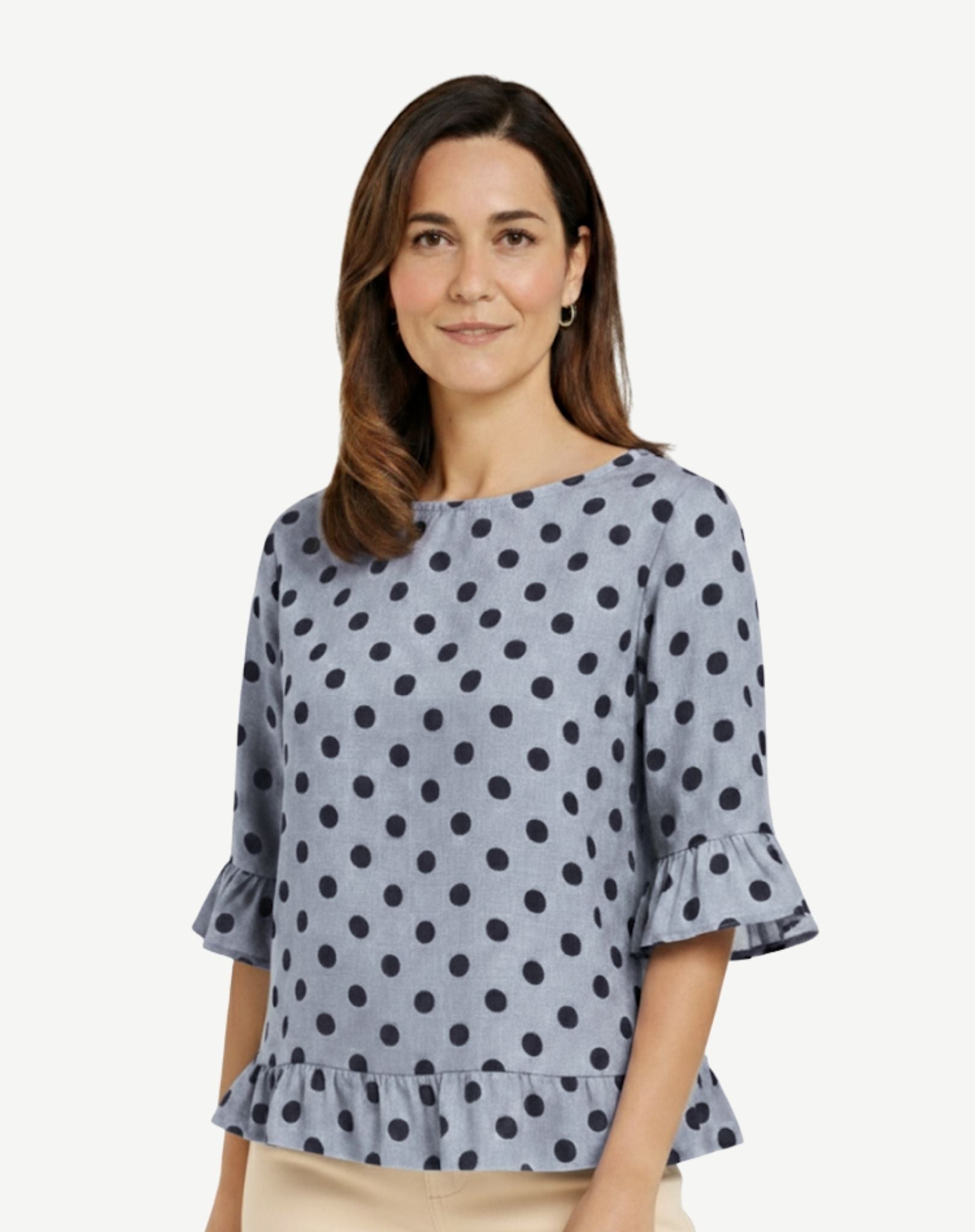 Marine Cotton Rich Print Ruffle Blouse Corfu Jeans