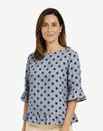 Marine Cotton Rich Print Ruffle Blouse Corfu Jeans