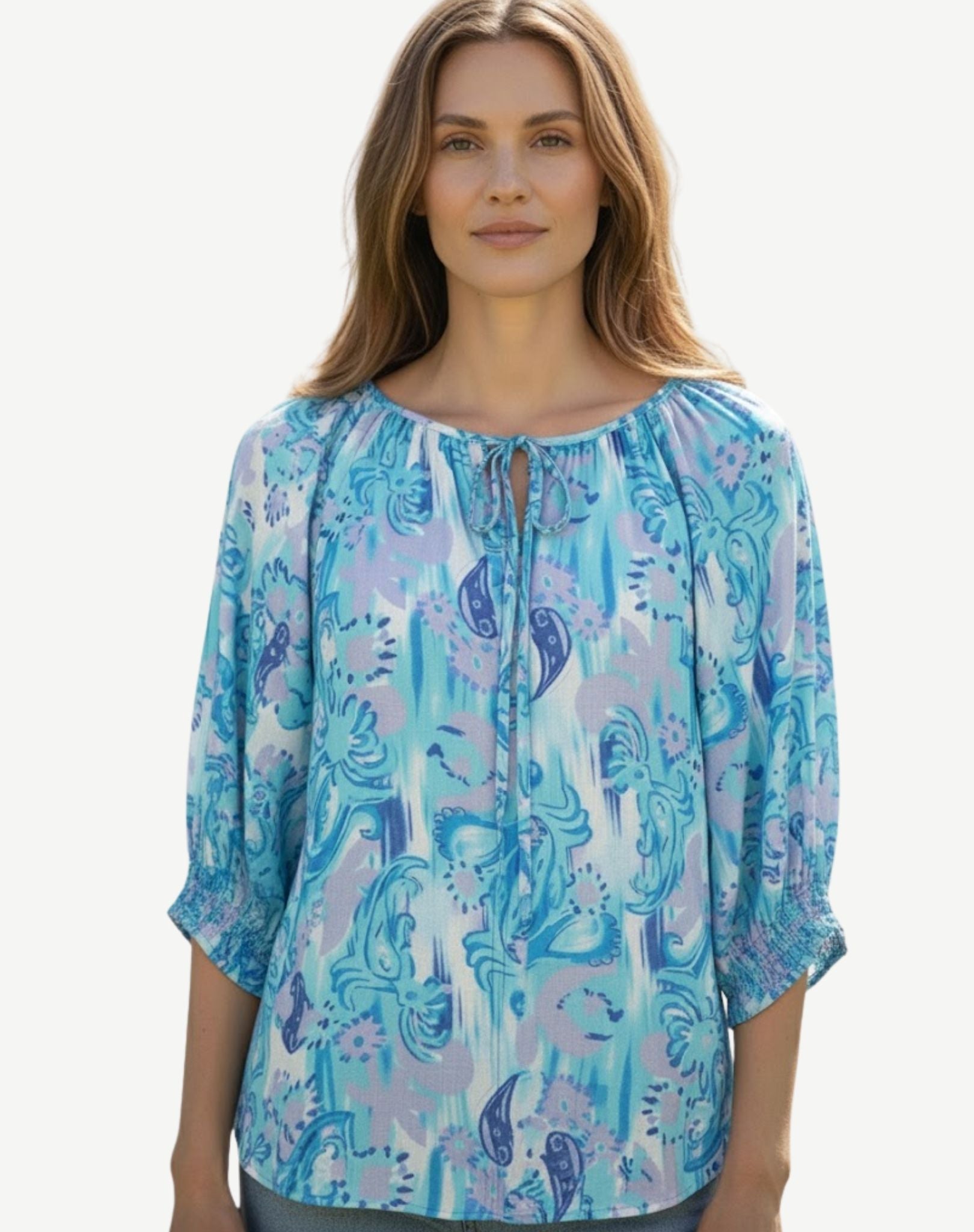 Mediterranean Summer Soft Print Blouse Corfu Jeans