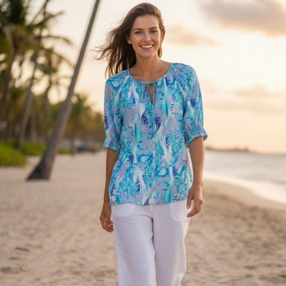 Mediterranean Summer Soft Print Blouse Corfu Jeans