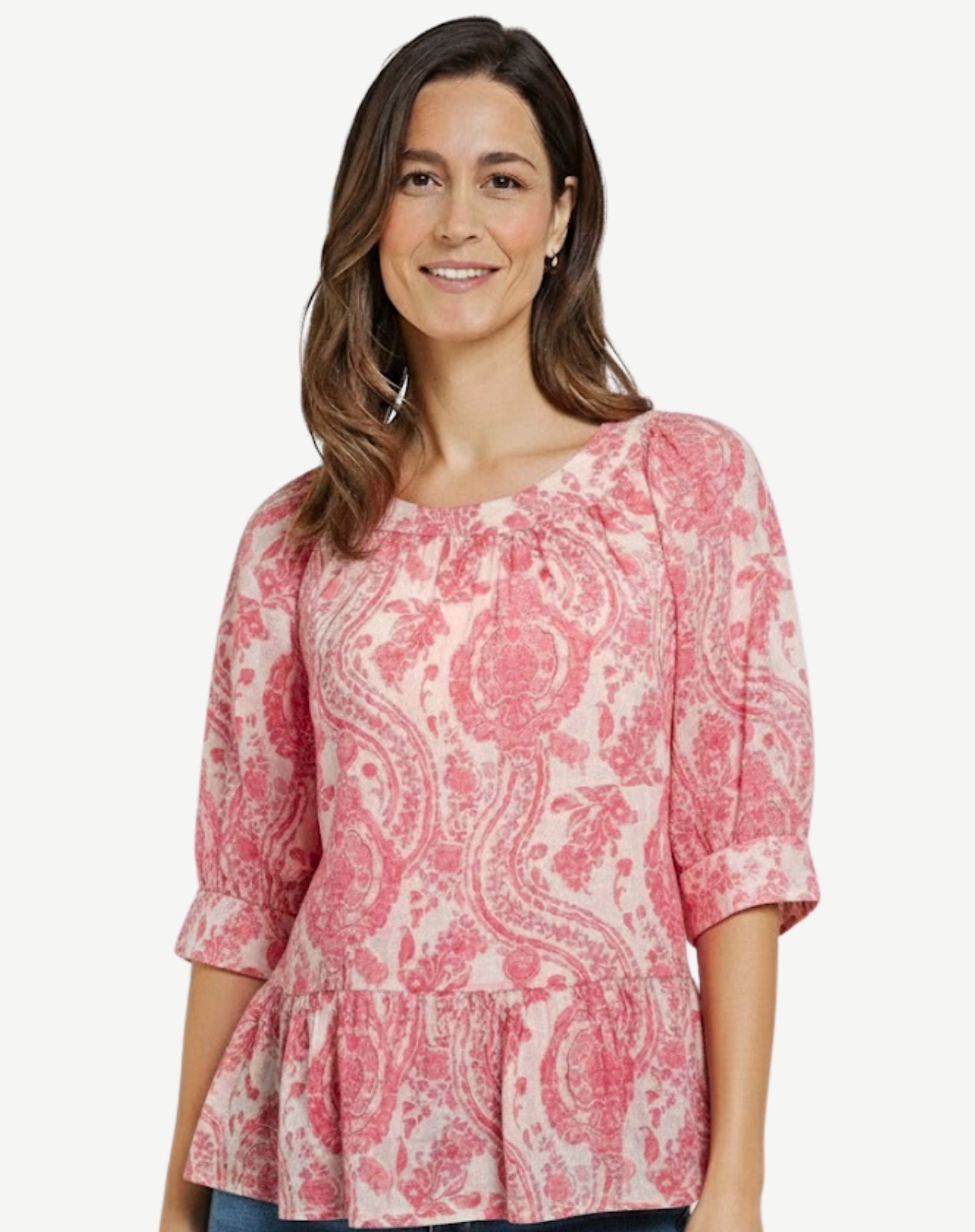 Pink on Pink Soft Print Blouse Corfu Jeans