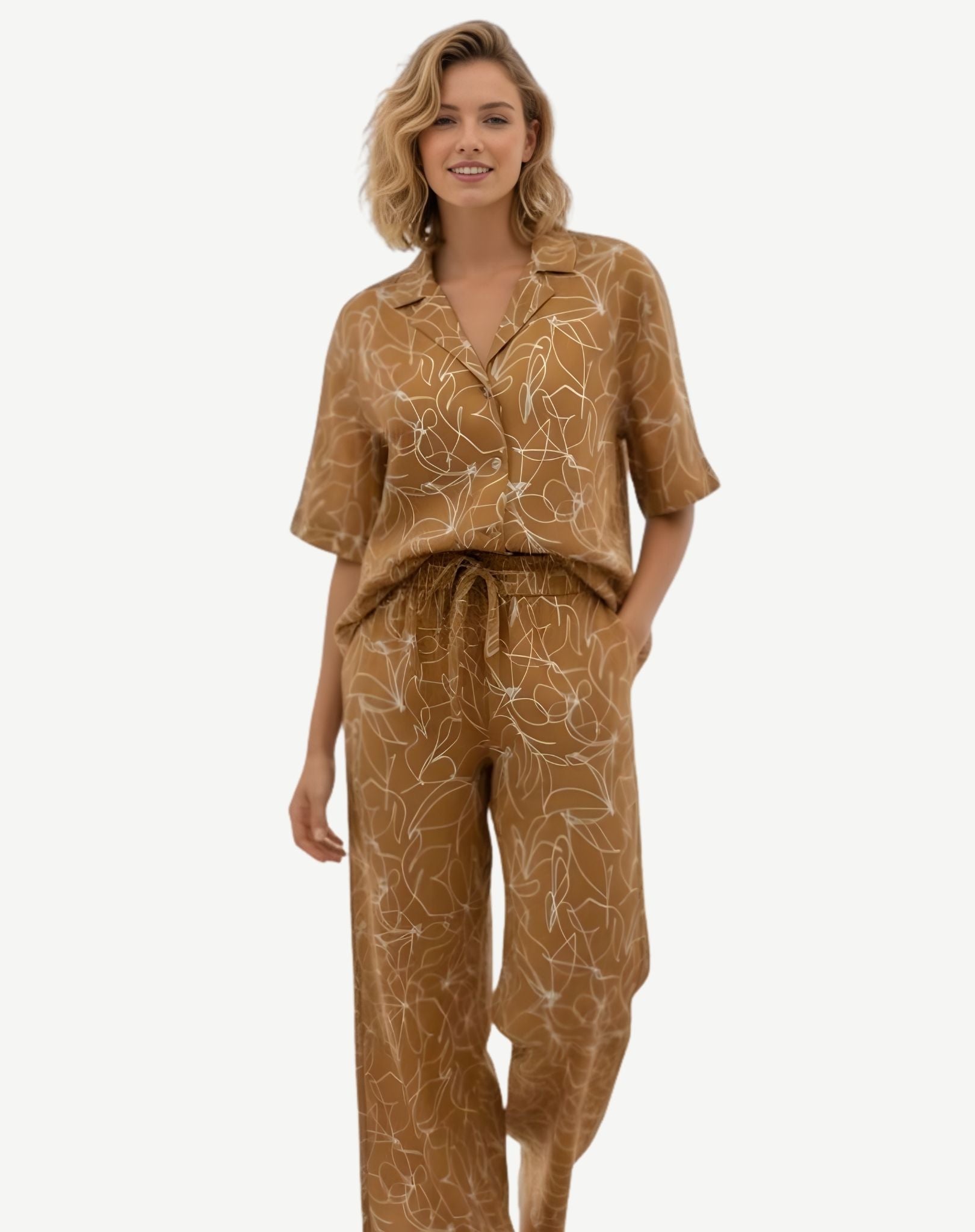 Mocha Mousse Linen Printed Short Sleeve Shirt Corfu Jeans