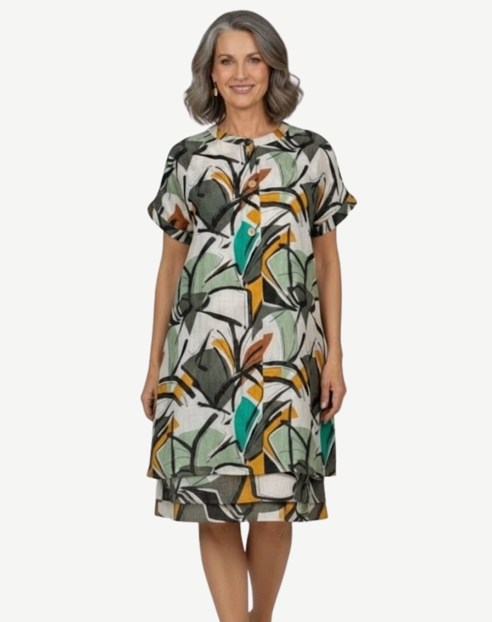 Neutral Abstract Short Sleeve Midi Dress Corfu Jeans