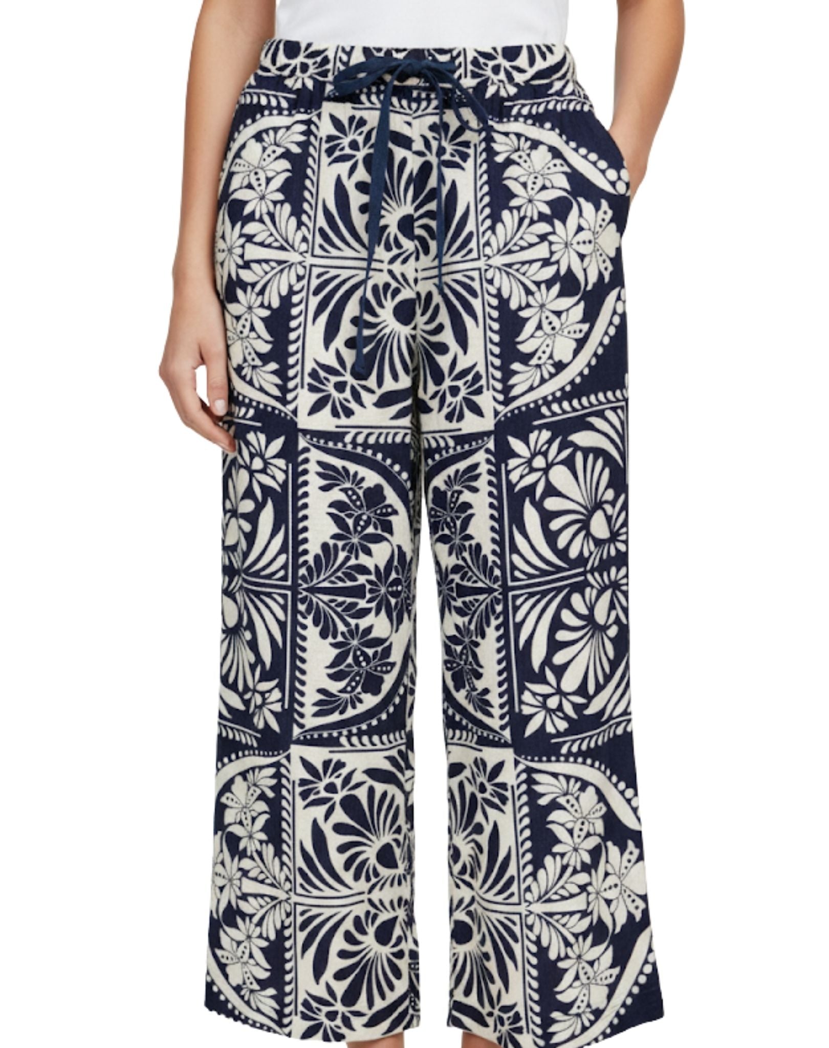 Navy Cream Soft Crepe Print Pants Corfu Jeans